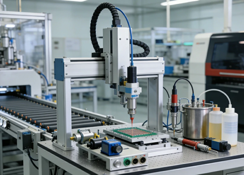 Cartesian adhesive dispensing workstation with fixed fixture and material feed