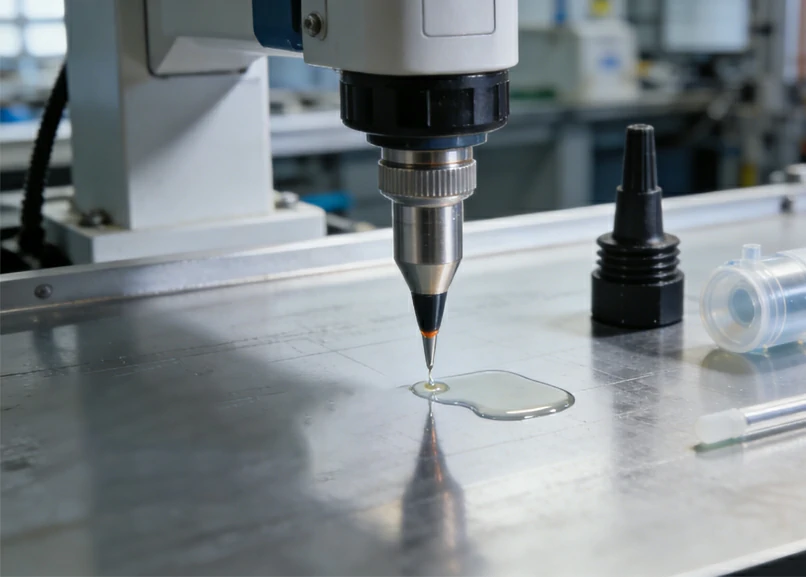 Metering head discharging adhesive during filling-machine setup verification