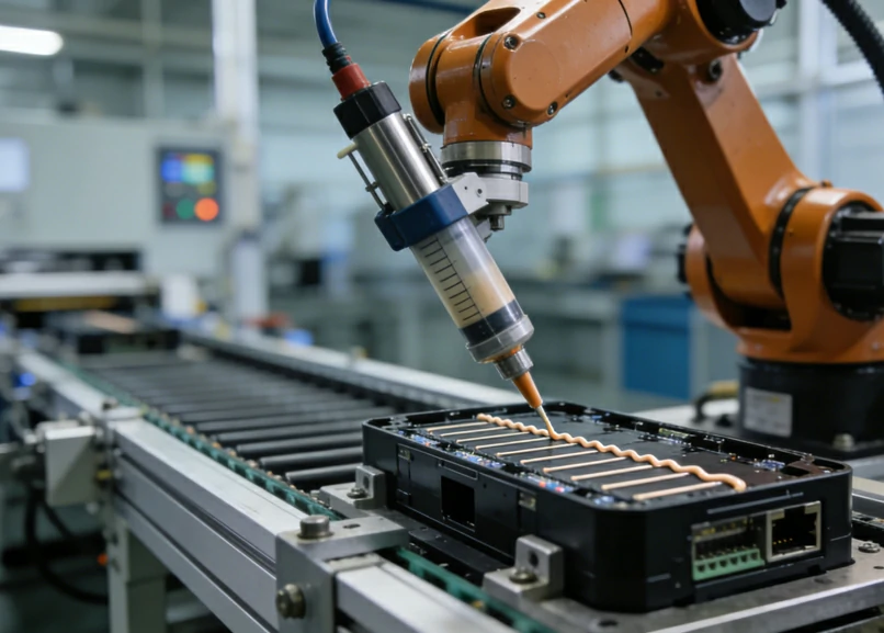 Industrial assembly line requiring controlled adhesive dispensing