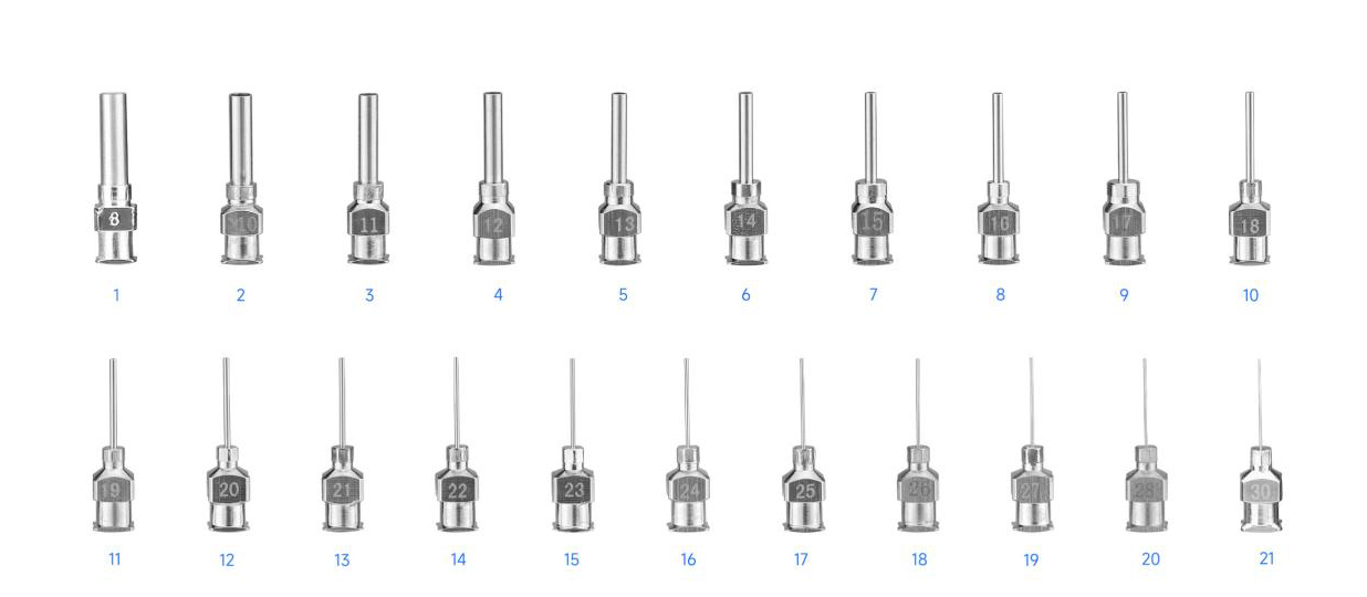 Dispensing needles of various specifications