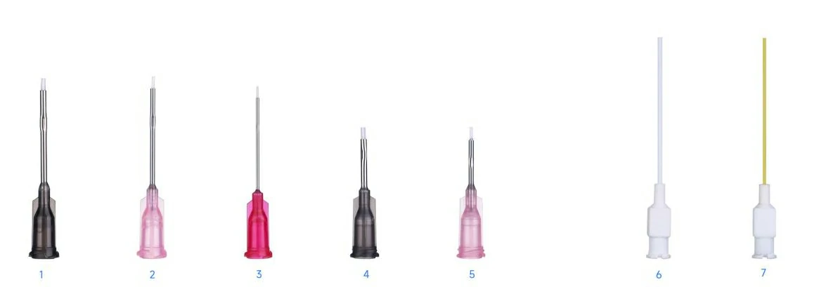 Color coded dispensing needle hubs showing standard gauge color identification for 14G to 30G needles