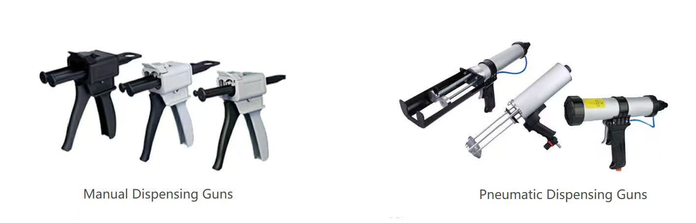Manual and pneumatic dual-cartridge dispensing gun drive options