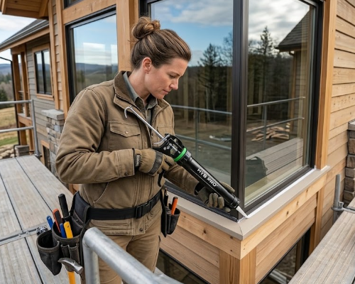 Pneumatic adhesive dispensing gun configured for repeated production cycles