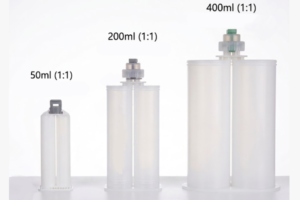 Industrial 2k adhesive cartridge sizes comparing 50ml, 200ml, and 400ml dual barrel assemblies.