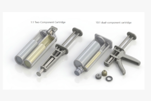 Cross-sectional view of 1 to 1 versus 10 to 1 dual component cartridge mix ratio configurations.