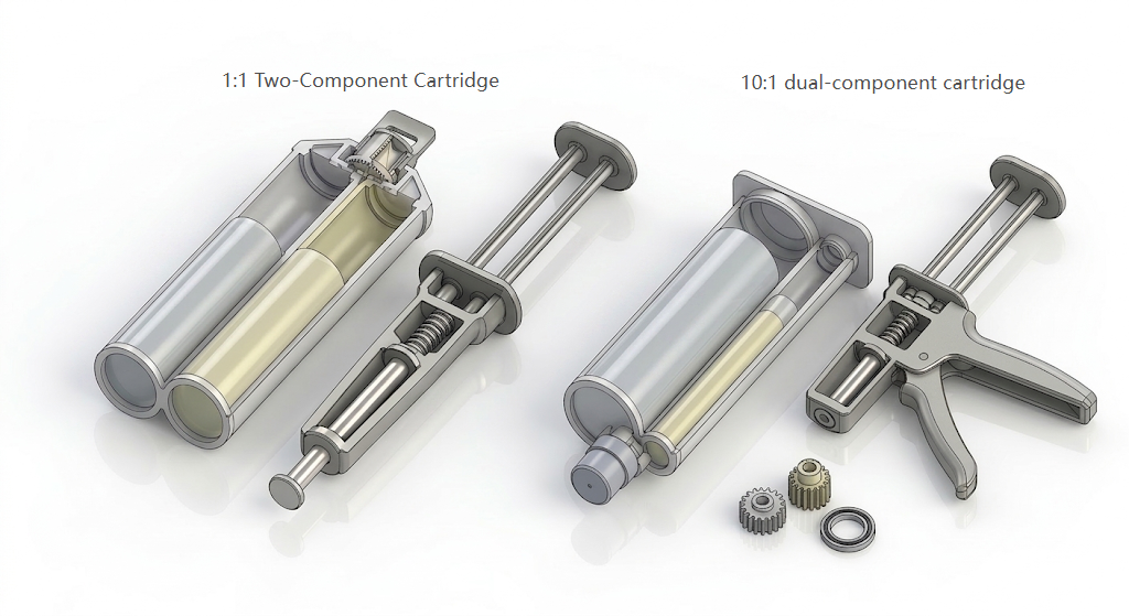 Comparison of 1:1 and 10:1 dual-component cartridge and plunger geometry