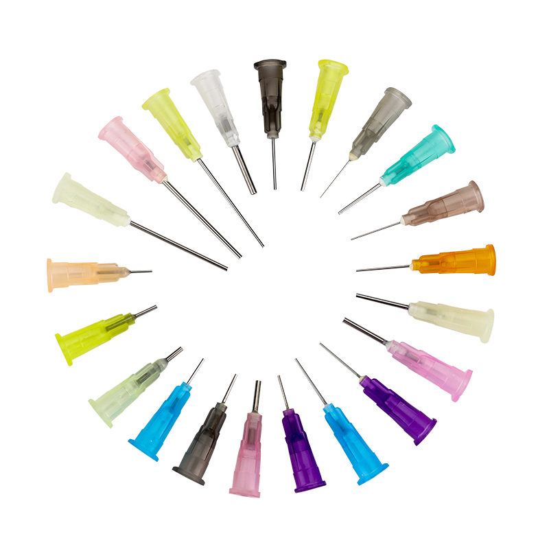 Color coded dispensing needle hubs showing standard gauge color identification for 14G to 30G needles
