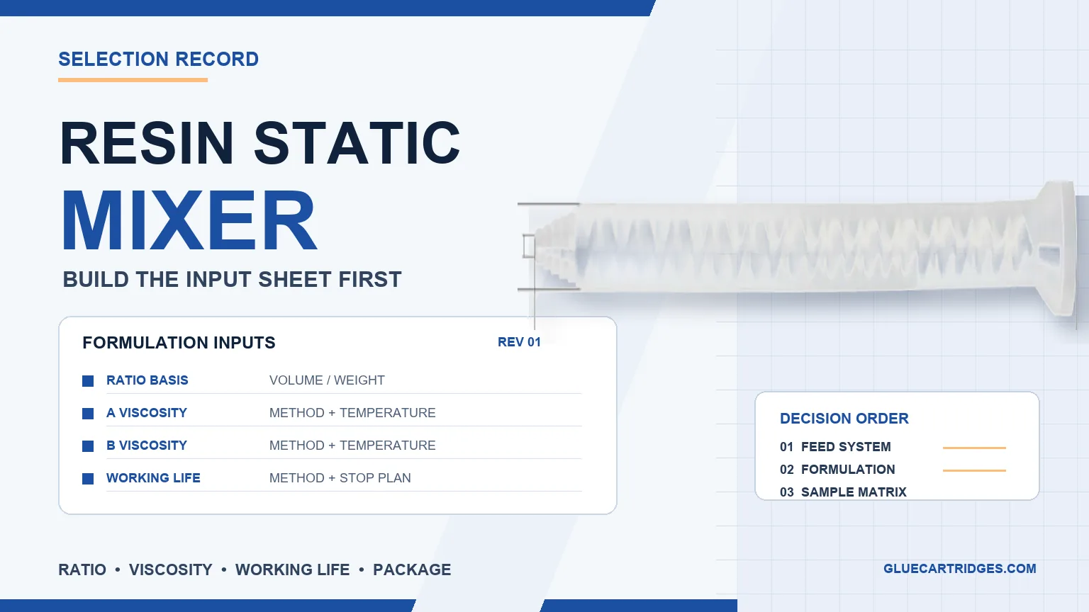 Resin static mixer over a formulation input sheet with ratio viscosity and working-life fields
