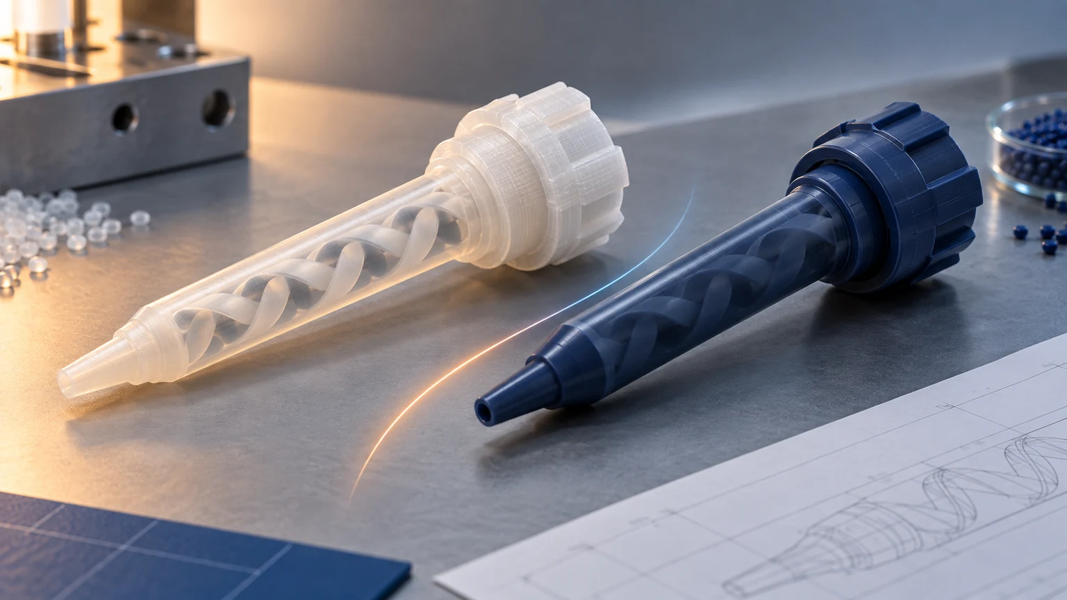 Conceptual comparison of a translucent 3D-printed static mixer prototype and a dark molded production mixer