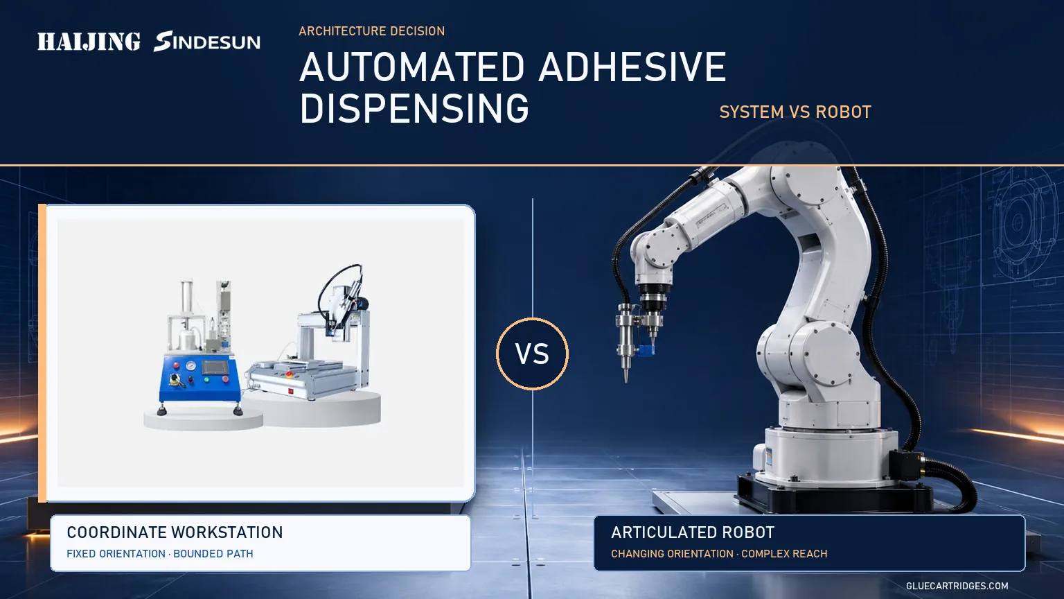 Coordinate adhesive dispensing workstation compared with an articulated dispensing robot