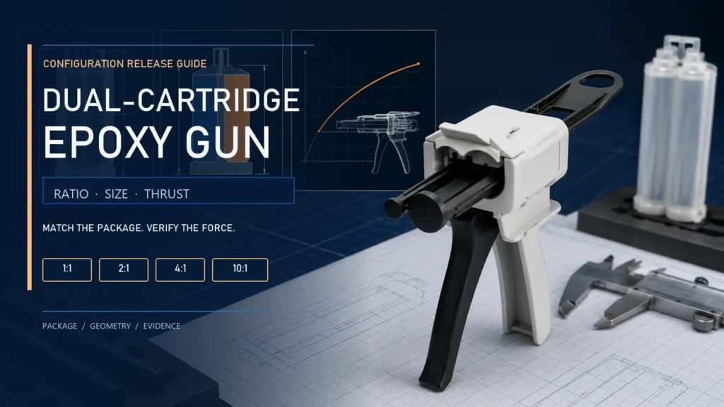 Dual-cartridge epoxy gun on a technical measurement bench with ratio and force-selection evidence