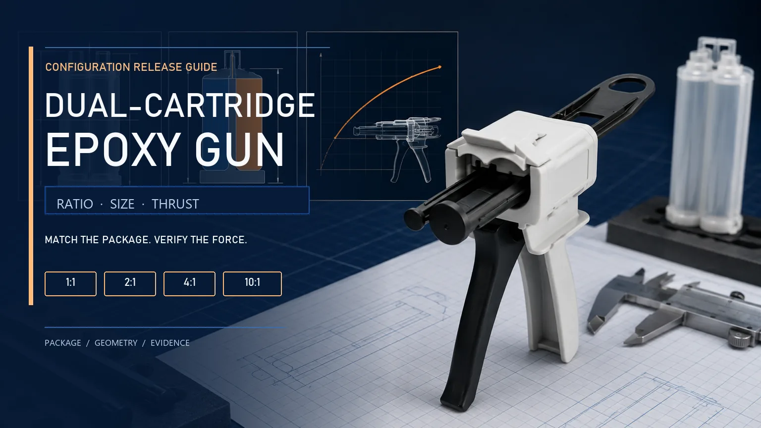 Dual-cartridge epoxy gun on a technical measurement bench with ratio and force-selection evidence