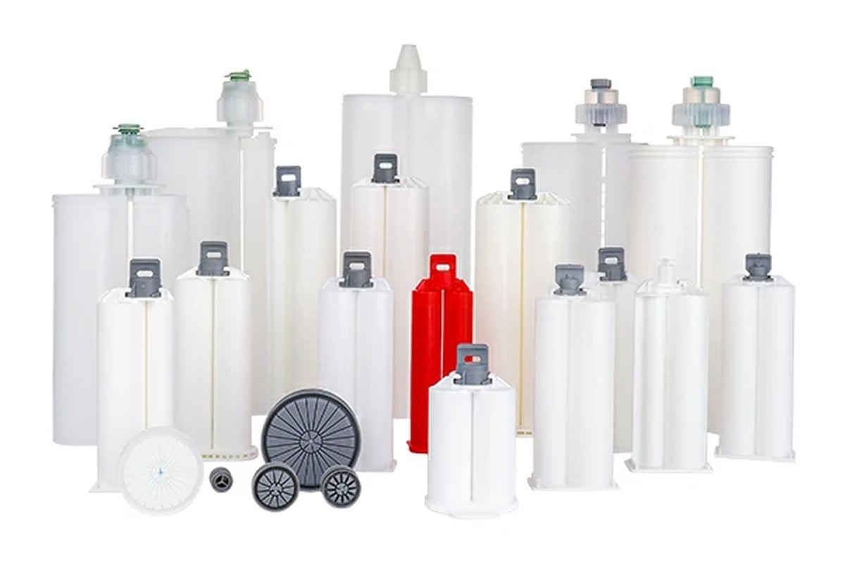 Dual-component adhesive cartridges for two-part potting materials