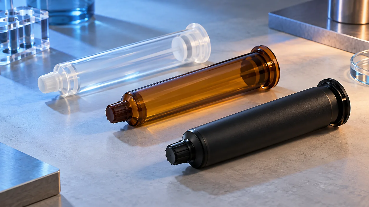 Conceptual comparison of clear, amber and opaque adhesive cartridges under directional light