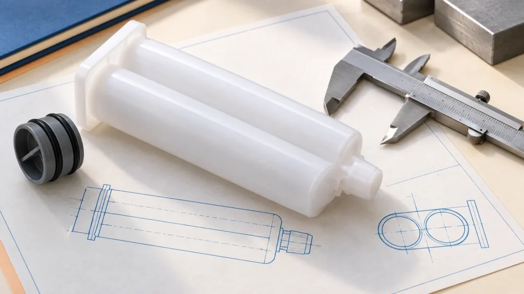 Conceptual adhesive cartridge, engineering drawing and caliper arranged for dimensional inspection