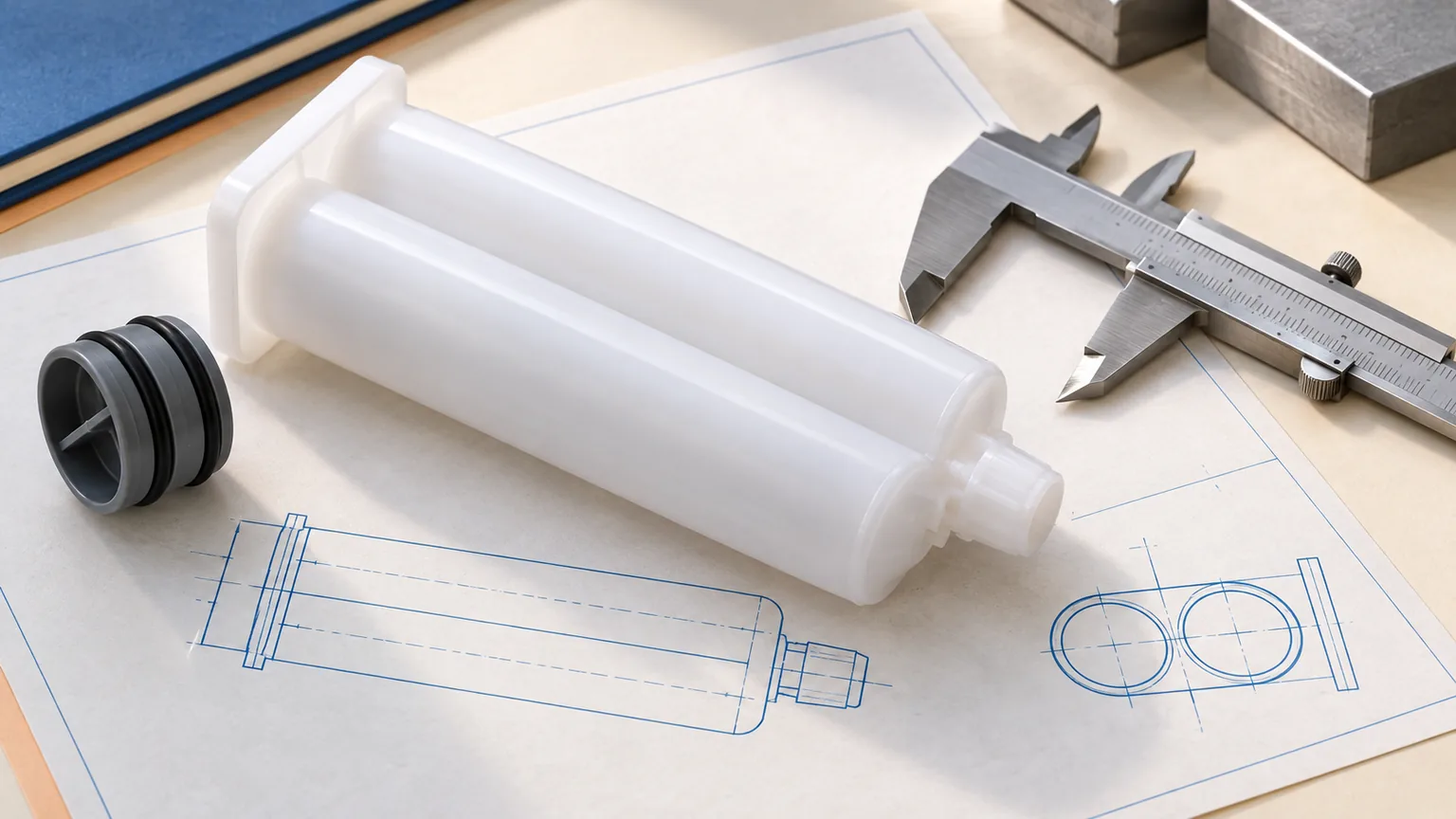 Conceptual adhesive cartridge, engineering drawing and caliper arranged for dimensional inspection