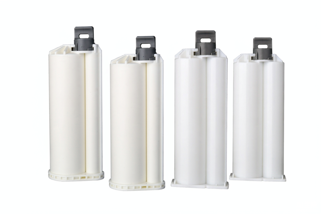 Dual-component adhesive cartridges for RoHS and REACH compliant dispensing systems
