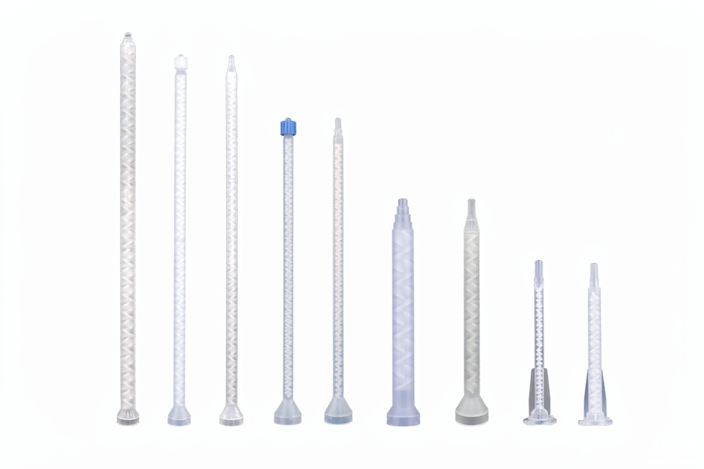Static mixing nozzles in various lengths and connector styles for compliant adhesive dispensing